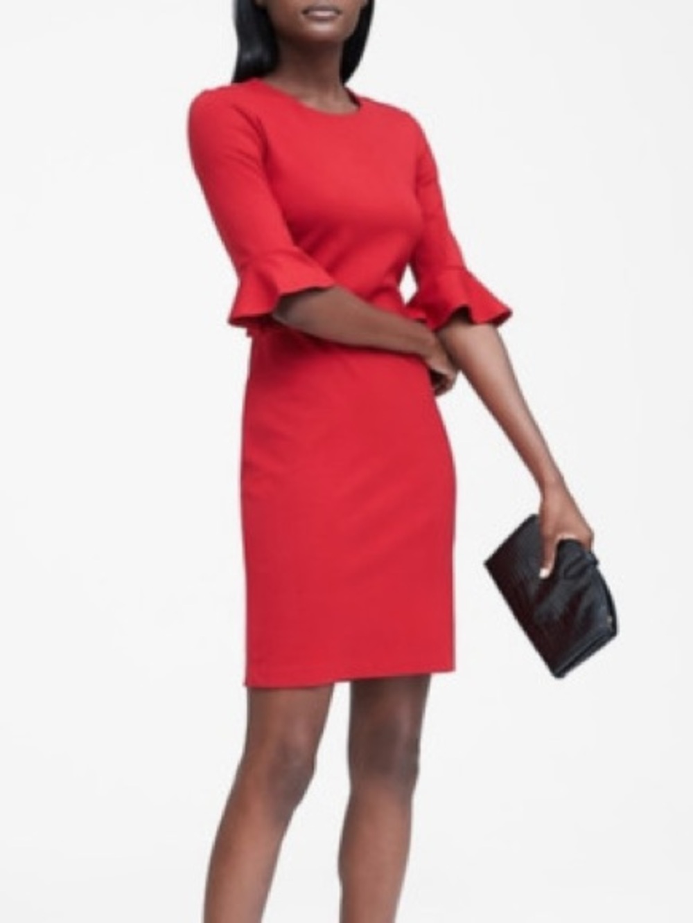 Banana Republic Red Ruffle-Sleeve Ponte Sheath Midi Dress